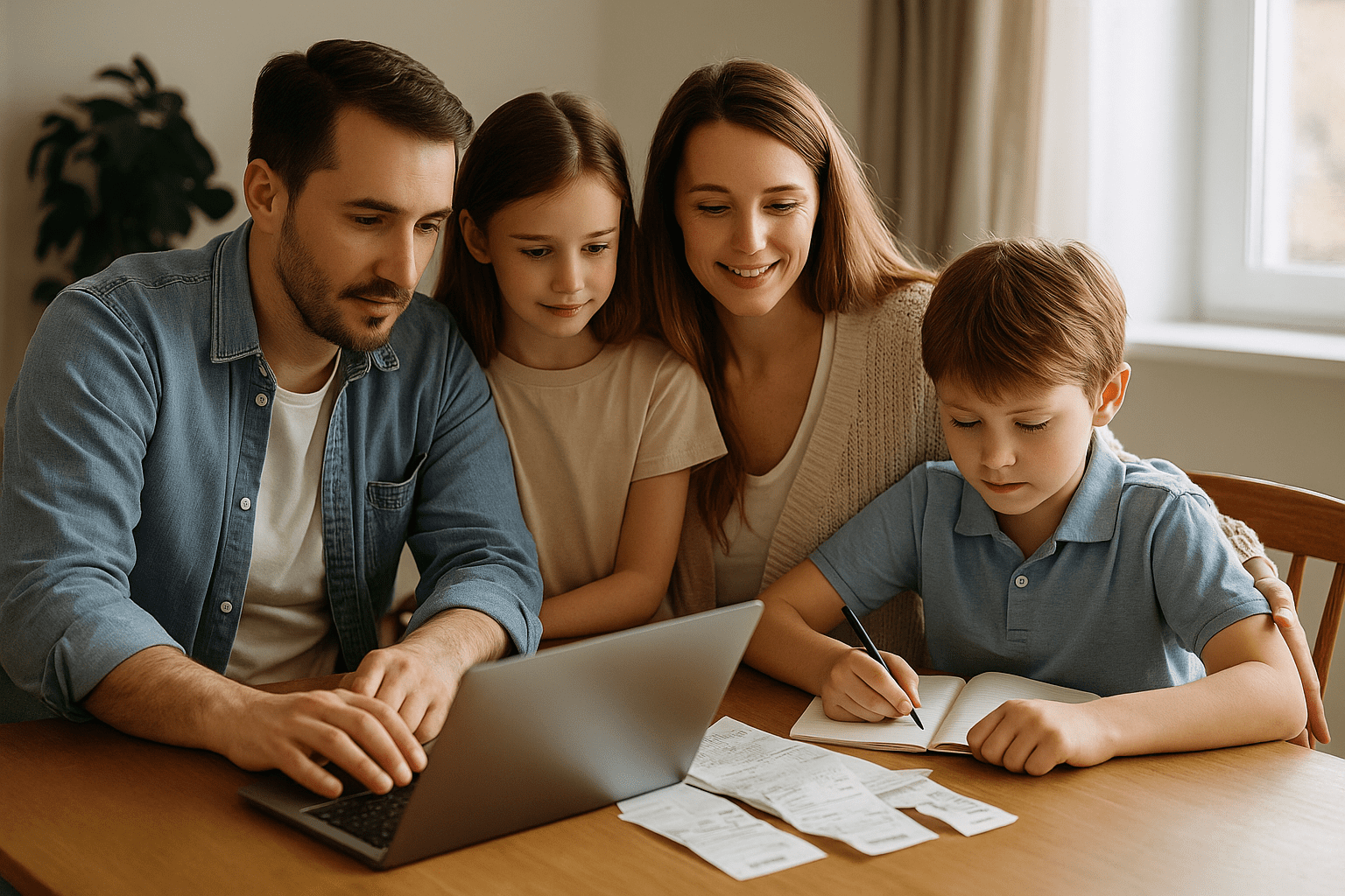 Famiglia che controlla spese e entrate su un foglio di un gestionale Excel