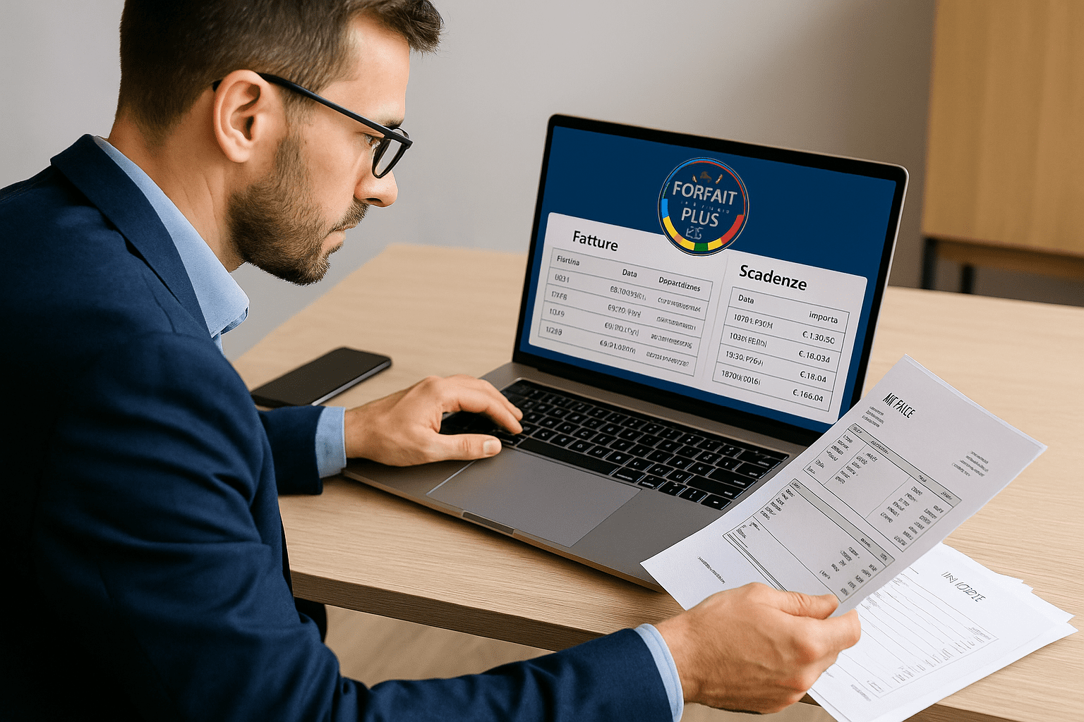 Professionista che gestisce fatture e scadenze con gestionale excel Forfait Plus